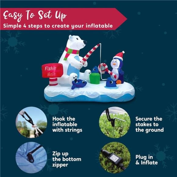 6 FT Christmas Inflatable Penguin & Polar Bear Decoration, Fishing Hole Sign - Picture 7 of 7
